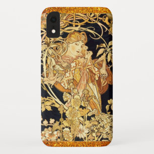 アールヌーボーアルフォンスミュシャ女性フローラ金ゴールドブラック iPhone XRケース
