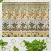 アールヌーボーアルフォンスミュシャ暗い赤紫色ひまわり花 キッチンタオル (折り畳み)