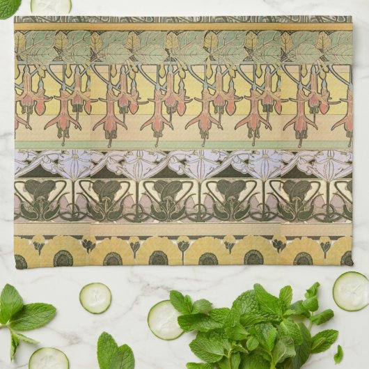 アールヌーボーアルフォンスミュシャ暗い赤紫色ひまわり花 キッチンタオル (折り畳み)