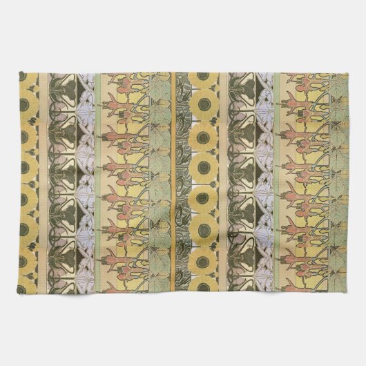 アールヌーボーアルフォンスミュシャ暗い赤紫色ひまわり花 キッチンタオル (横)