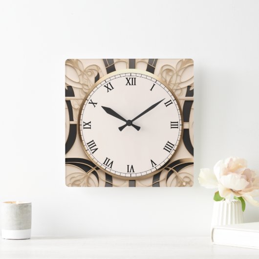 アールヌーボーアールデコクロック – 白黒と金ゴールド スクエア壁時計 (ホーム)