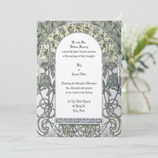 アールヌーボーイエローフローラ縁どバイアルフォンスミュシャ 招待状 (スタンド正面)