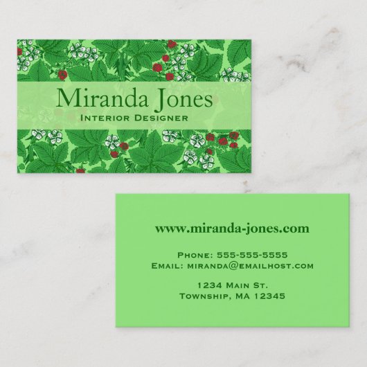 アールヌーボーイチゴと葉、ライムグリーン 名刺 (正面/裏面)