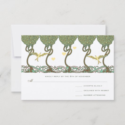 アールヌーボーウッドランドヴィンテージバードウェディング 出欠カード (正面)