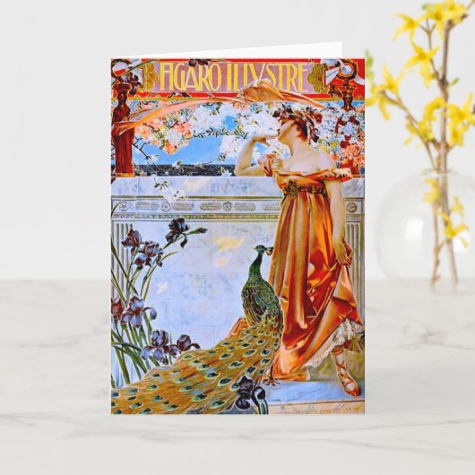 アールヌーボーウーマンアンドピーコック カード (黄色い花)