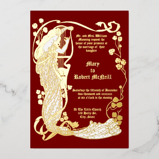 アールヌーボーウーマン&ハープバラ結婚ズ 箔招待状 (正面)