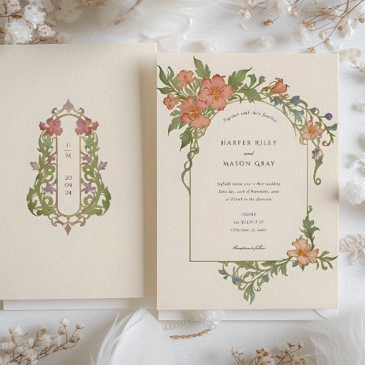 アールヌーボーエレガントアイリスフローラ結婚ズ 招待状