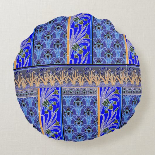 アールヌーボーエレガントアイリスヴィンテージフローラブルー金ゴールド ラウンドクッション (裏面)