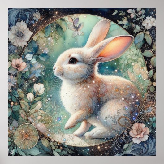 アールヌーボーエレガントウサギのフローラフレーム復活祭 ポスター (正面)
