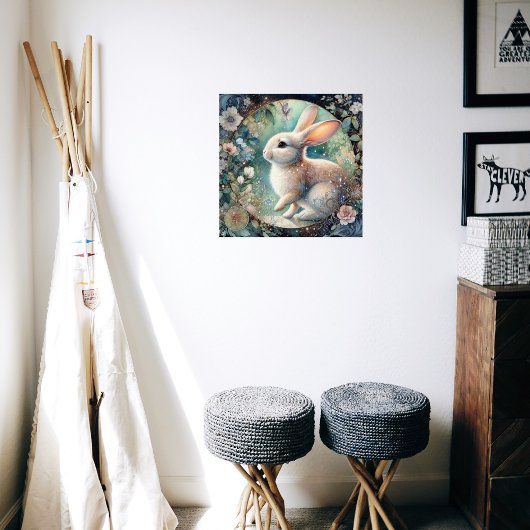 アールヌーボーエレガントウサギのフローラフレーム復活祭 ポスター