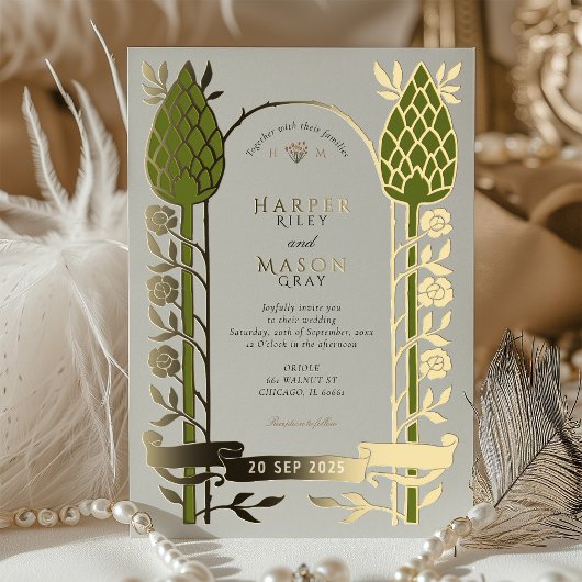 アールヌーボーエレガントシスルゴールドフォイル結婚ズ 箔招待状