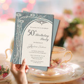 アールヌーボーエレガントティール(緑がかった色)&シルバーフローラ誕生日 招待状