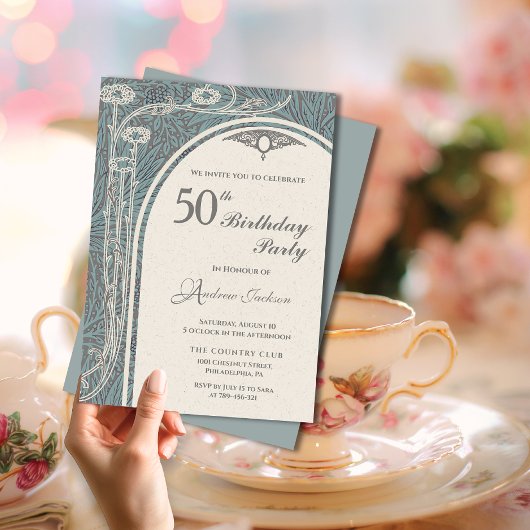 アールヌーボーエレガントティール(緑がかった色)&シルバーフローラ誕生日 招待状