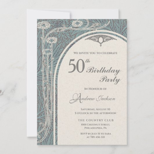 アールヌーボーエレガントティール(緑がかった色)&シルバーフローラ誕生日 招待状 (正面)