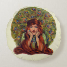 アールヌーボーエレガントデコ女孔雀の羽 ラウンドクッション