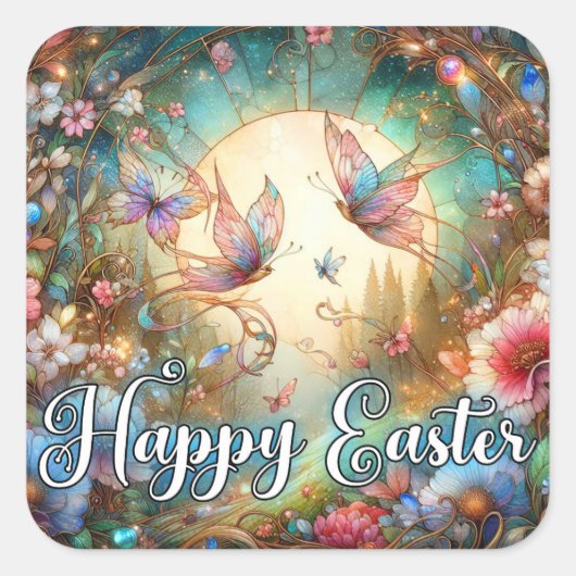 アールヌーボーエレガントハッピーイースター蝶 スクエアシール (正面)