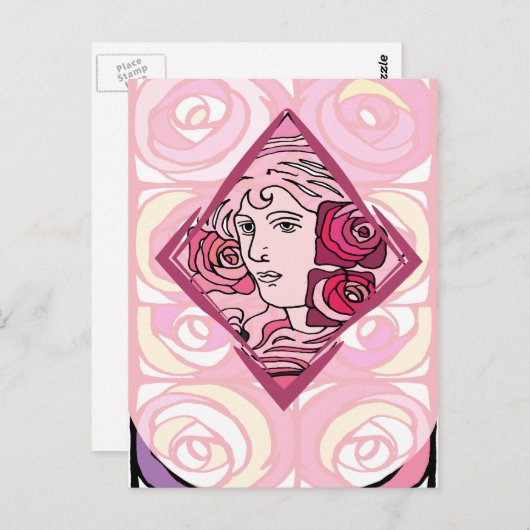 アールヌーボーエレガントバラ女性 ポストカード (正面/裏面)