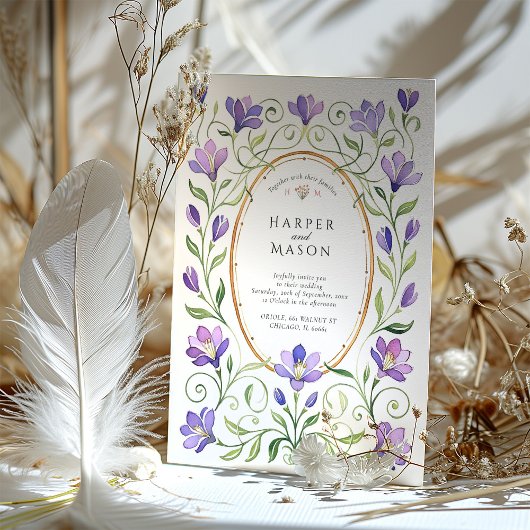 アールヌーボーエレガントパープルフリーシ結婚アス 招待状
