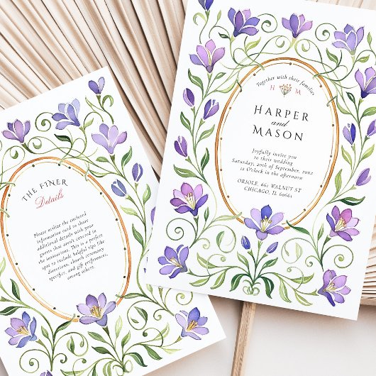 アールヌーボーエレガントパープルフリーシ結婚アス 招待状