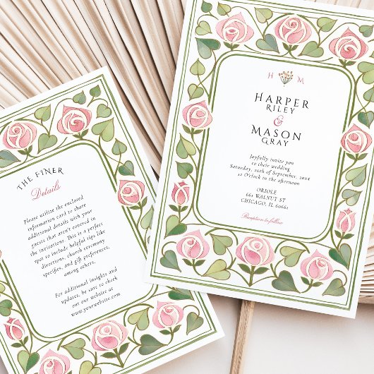 アールヌーボーエレガントピンクローズ庭園の結婚式 招待状