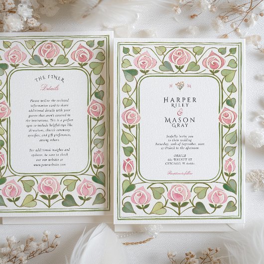 アールヌーボーエレガントピンクローズ庭園の結婚式 招待状