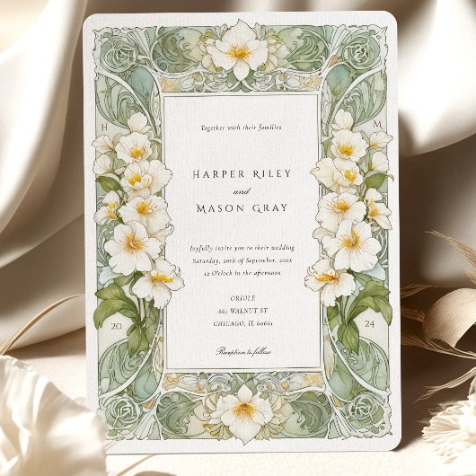 アールヌーボーエレガントホワイトオーキ結婚ッド 招待状