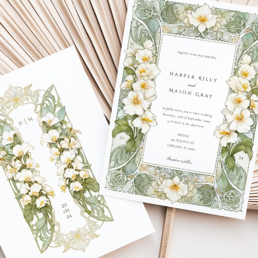 アールヌーボーエレガントホワイトオーキ結婚ッド 招待状