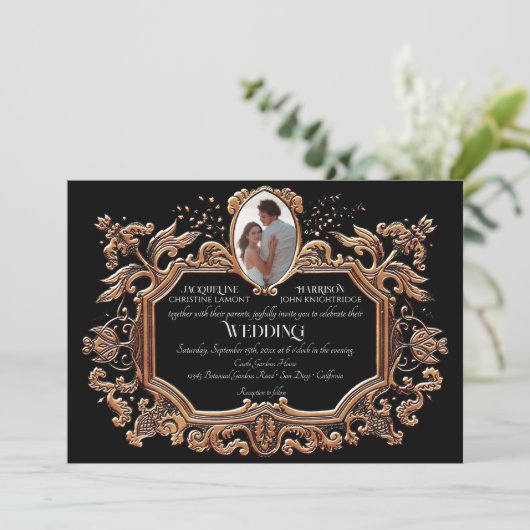 アールヌーボーエレガントモノクロ写結婚真 招待状 (スタンド正面)