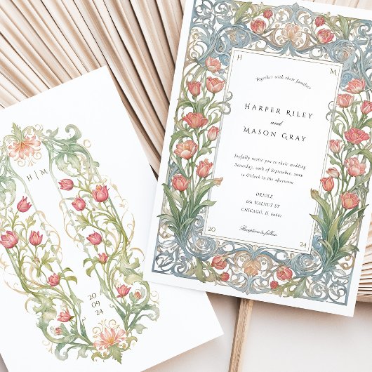 アールヌーボーエレガントレッドチューリップ結婚ズ 招待状