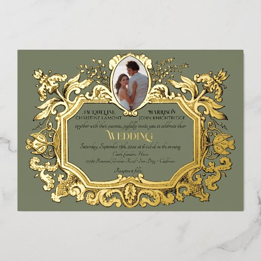 アールヌーボーエレガントロココ写真サー結婚ジ 箔招待状 (正面)
