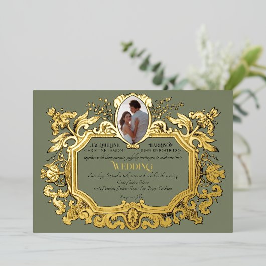 アールヌーボーエレガントロココ写真サー結婚ジ 箔招待状 (立ち正面)