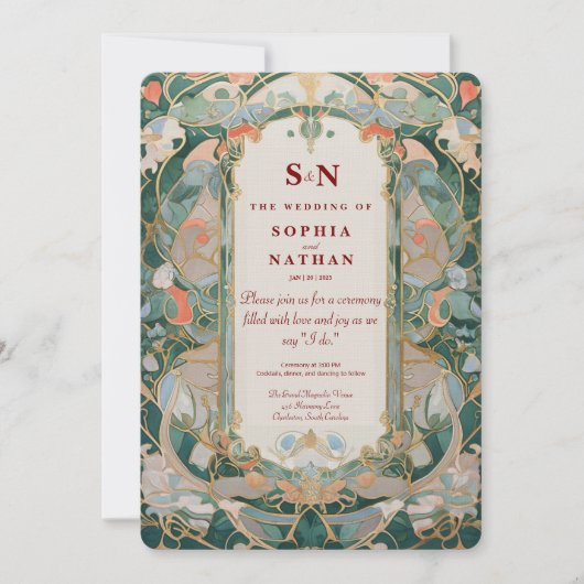 アールヌーボーエレガント結婚式招待状とフローラ 招待状 (正面)