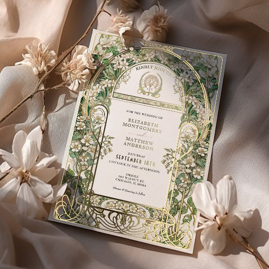 アールヌーボーエレガント結婚式招待状ゴールドフォイル 箔招待状