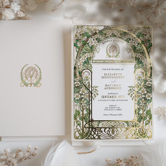 アールヌーボーエレガント結婚式招待状ゴールドフォイル 箔招待状