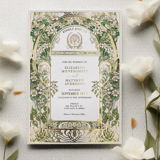 アールヌーボーエレガント結婚式招待状ゴールドフォイル 箔招待状
