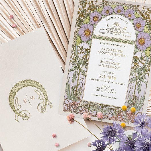 アールヌーボーエレガント結婚式招待状ゴールドフォイル 箔招待状