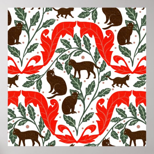 アールヌーボーエレガント赤茶色・黒猫 –  ポスター (正面)