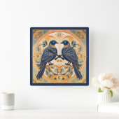 アールヌーボーエレガント鳥パット#22ブルーピーチID1078 スクエア壁時計 (ホーム)