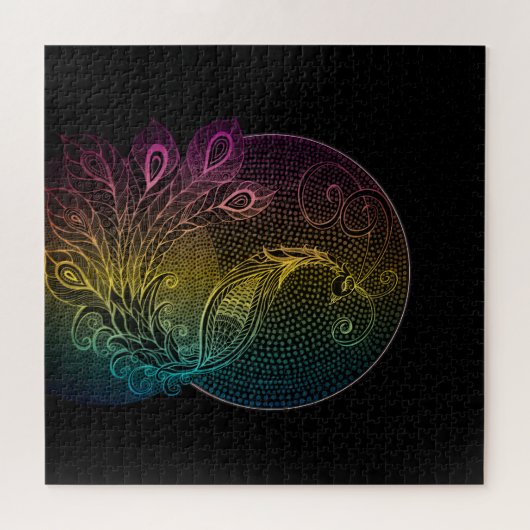 アールヌーボーカラフルミッドナイトピーコックイラストレーション ジグソーパズル (横)