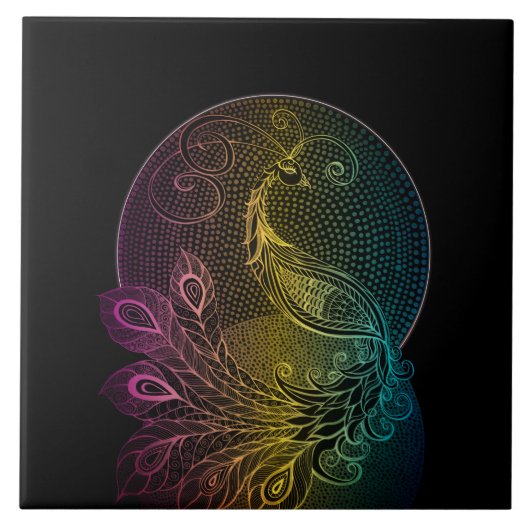 アールヌーボーカラフルミッドナイトピーコックイラストレーション タイル (正面)