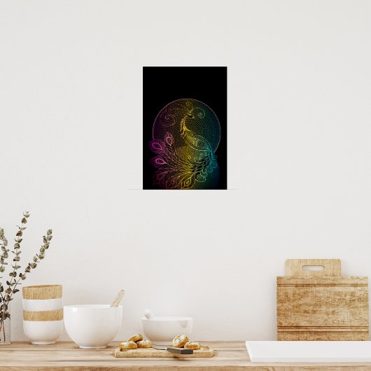 アールヌーボーカラフルミッドナイトピーコックイラストレーション ポスター (キッチン)