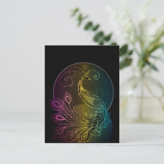 アールヌーボーカラフルミッドナイトピーコックイラストレーション ポストカード (スタンド正面)