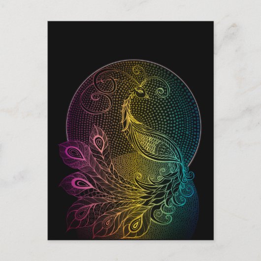 アールヌーボーカラフルミッドナイトピーコックイラストレーション ポストカード (正面)