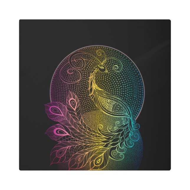 アールヌーボーカラフルミッドナイトピーコックイラストレーション メタルプリント (正面)