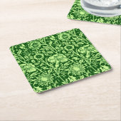 アールヌーボーカーネーションダマスク、フォレストグリーン スクエアペーパーコースター (アングル)