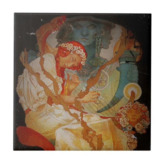 アールヌーボーガールとハープ1903 タイル (正面)