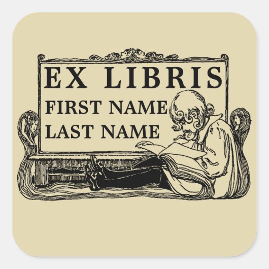 アールヌーボーガール読ズ・ブックEx Librisテンプレート スクエアシール (正面)