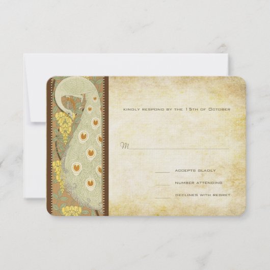 アールヌーボークジャク結婚の鳥の応答カード 出欠カード (正面)