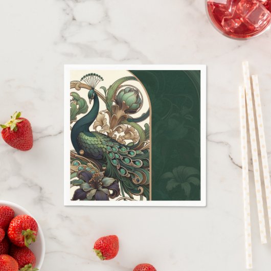 アールヌーボーグリーンエメラルドヴィンテージピーコッ結婚クス スタンダードカクテルナプキン (インサイチュ)