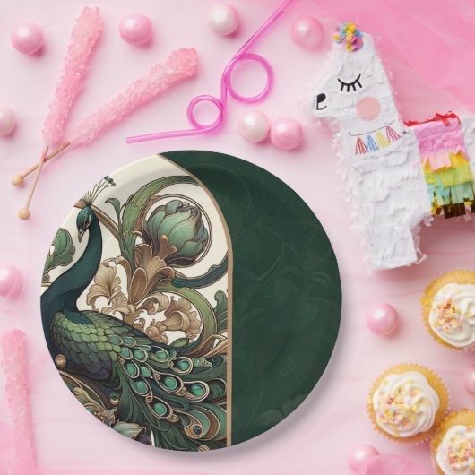 アールヌーボーグリーンエメラルドヴィンテージピーコッ結婚クス ペーパープレート (パーティー)